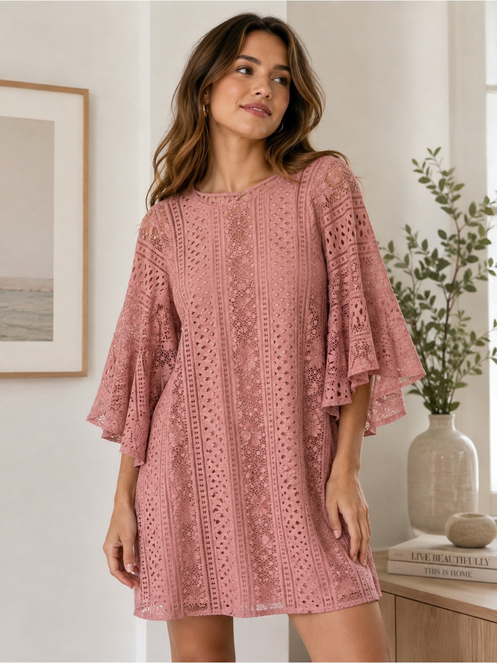 Altar’d State Pink Lace Bell Sleeve Mini Dress